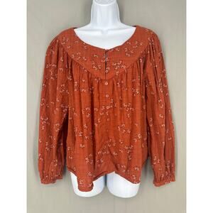 Ana Top Womens XL Orange Rust Floral Flowy Cottage Button Bohemian Long Sleeve